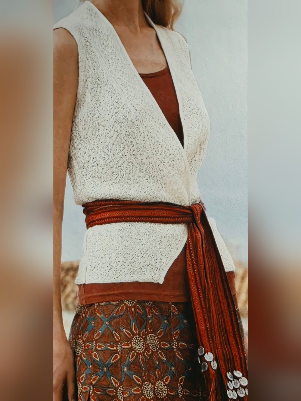 Stunning Peruvian Connection Brocade Lace open Vest M L white cream pima cotton